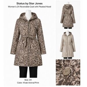 Status by Star Jones Womens 2X Reversible Coat Khaki Animal Print Hooded A252484
